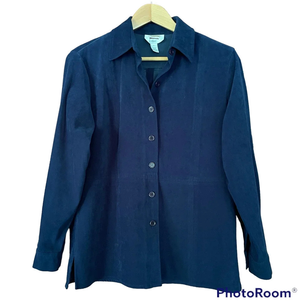 Talbots Shirt Jacket Button Up Microfiber Navy Blue Size P (XS Petite)